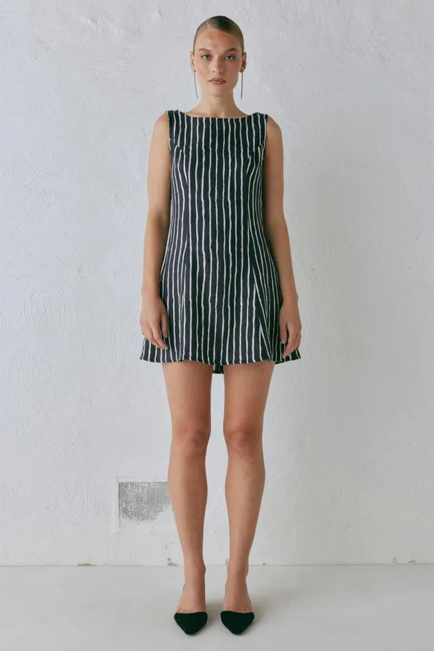 VRG GRL Mini Dresses Chloe Linen Mini Dress Black Stripe 8211 Women