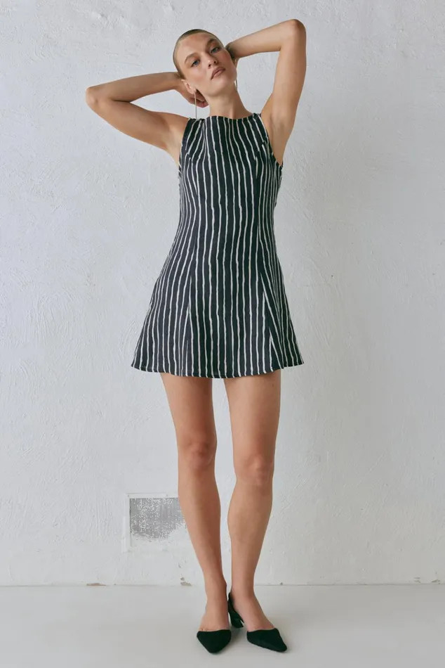 VRG GRL Mini Dresses Chloe Linen Mini Dress Black Stripe 8211 Women VRG GRL Mini Dresses Chloe Linen Mini Dress Black Stripe 8211 Women