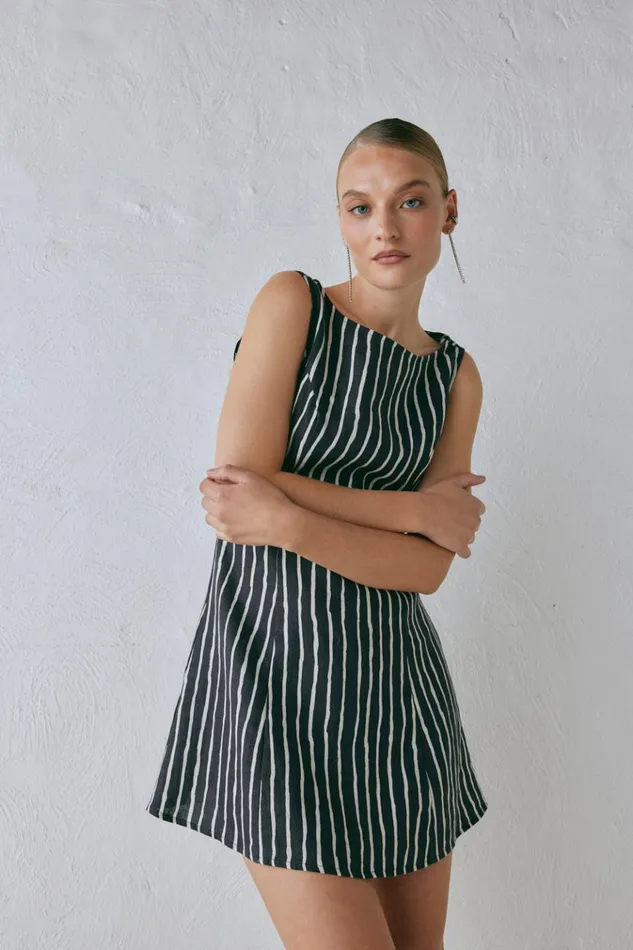 VRG GRL Mini Dresses Chloe Linen Mini Dress Black Stripe 8211 Women VRG GRL Mini Dresses Chloe Linen Mini Dress Black Stripe 8211 Women