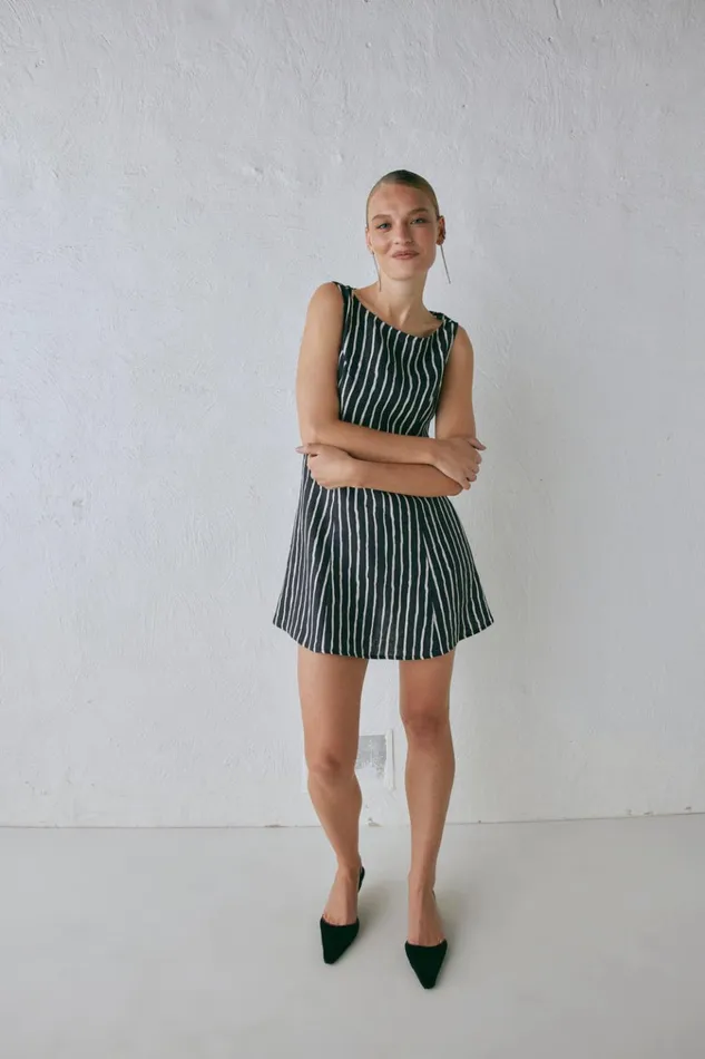 VRG GRL Mini Dresses Chloe Linen Mini Dress Black Stripe 8211 Women VRG GRL Mini Dresses Chloe Linen Mini Dress Black Stripe 8211 Women