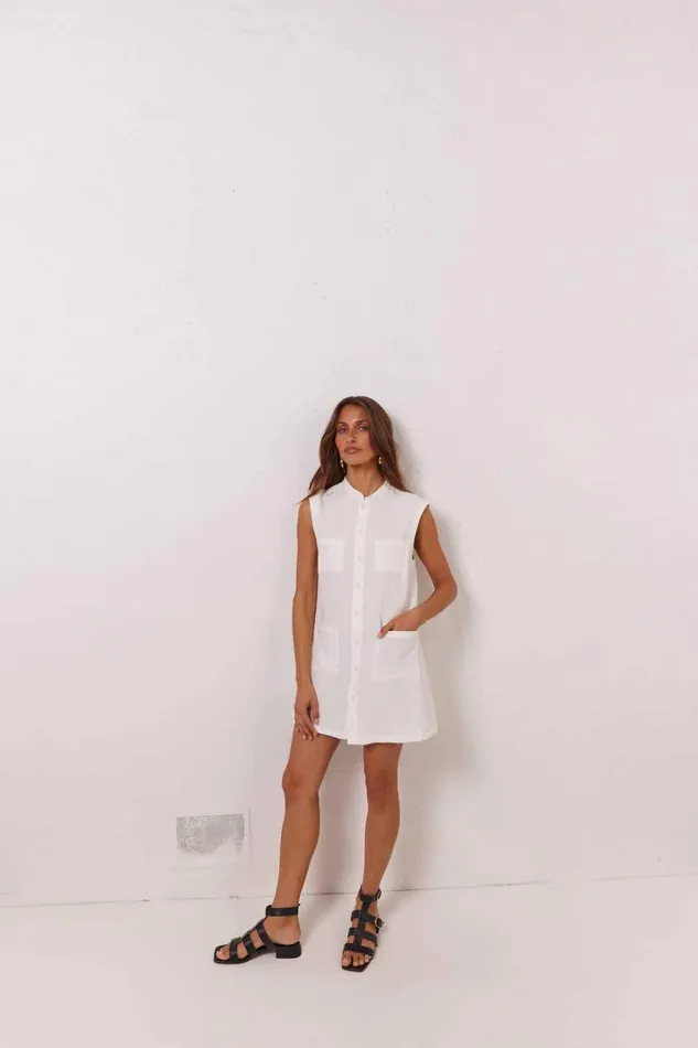 VRG GRL Mini Dresses Jean Linen Mini Dress White 8211 Women VRG GRL Mini Dresses Jean Linen Mini Dress White 8211 Women