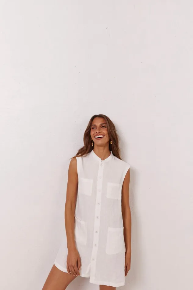 VRG GRL Mini Dresses Jean Linen Mini Dress White 8211 Women VRG GRL Mini Dresses Jean Linen Mini Dress White 8211 Women