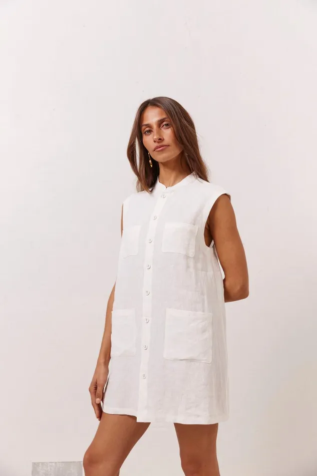 VRG GRL Mini Dresses Jean Linen Mini Dress White 8211 Women VRG GRL Mini Dresses Jean Linen Mini Dress White 8211 Women