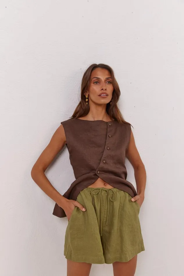 VRG GRL Sets Nettie Linen Shorts Olive 8211 Women