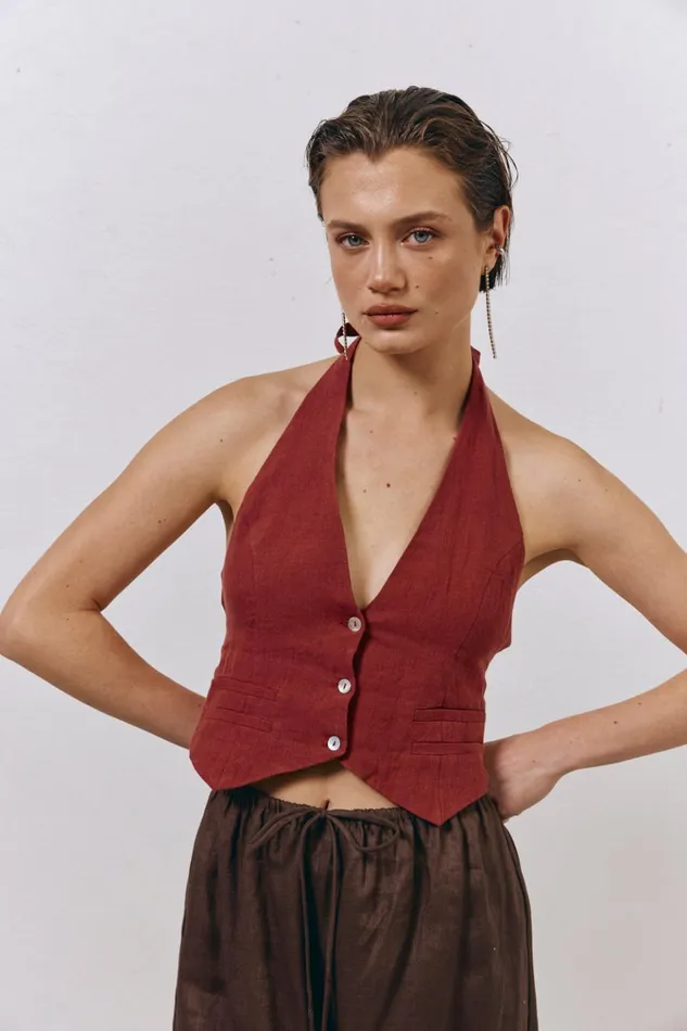 VRG GRL Sleeveless Los Cabos Linen Vest Wine 8211 Women
