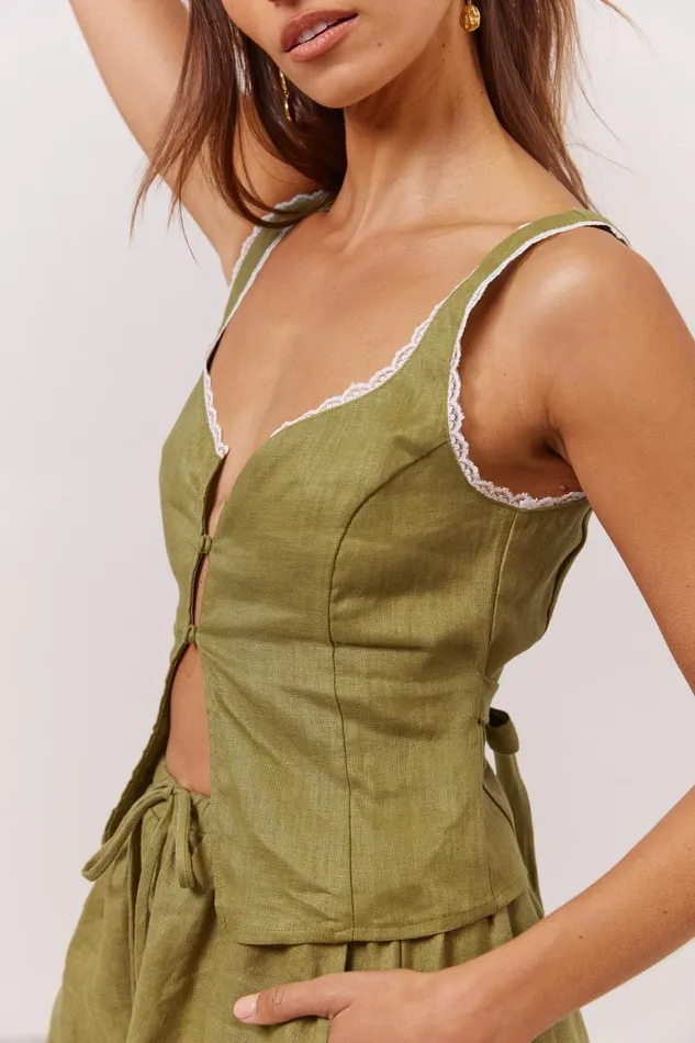VRG GRL Sleeveless Love Language Linen Button Front Top Olive 8211 Women VRG GRL Sleeveless Love Language Linen Button Front Top Olive 8211 Women