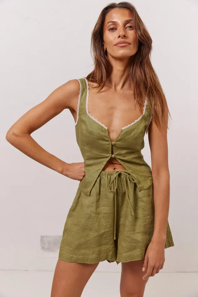 VRG GRL Sleeveless Love Language Linen Button Front Top Olive 8211 Women VRG GRL Sleeveless Love Language Linen Button Front Top Olive 8211 Women