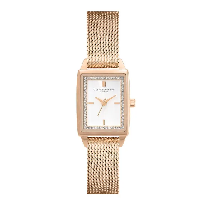 White Dial Watches Women Olivia Burton 21mm Rectangle White and Carnation Gold Mesh Watch White Dial Watches Women Olivia Burton 21mm Rectangle White and Carnation Gold Mesh Watch