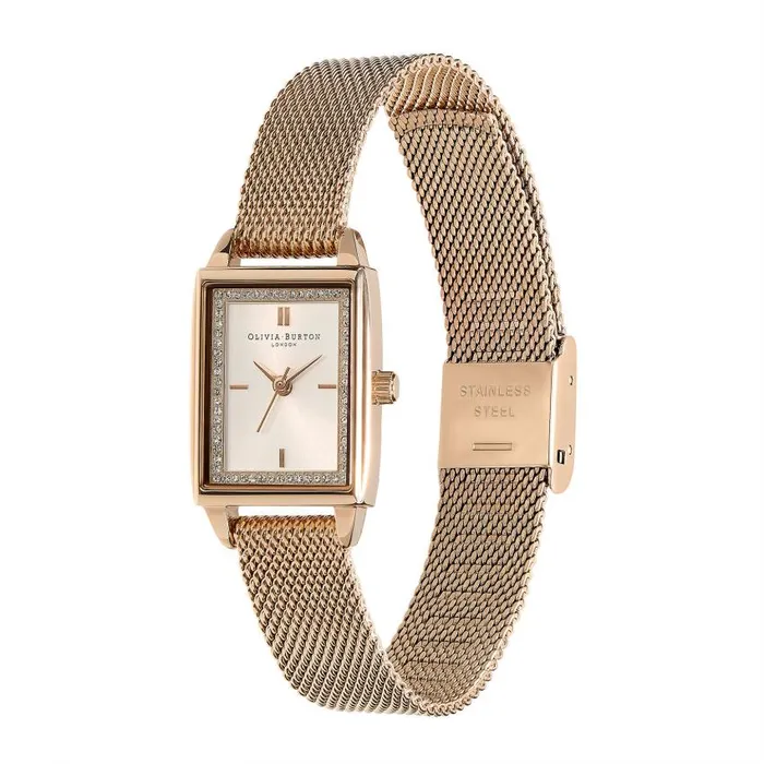 White Dial Watches Women Olivia Burton 21mm Rectangle White and Carnation Gold Mesh Watch