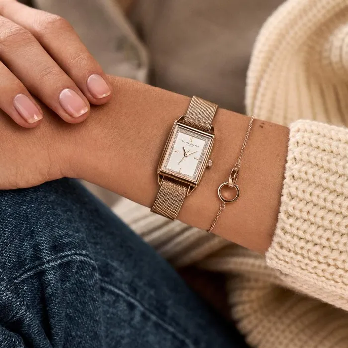 White Dial Watches Women Olivia Burton 21mm Rectangle White and Carnation Gold Mesh Watch