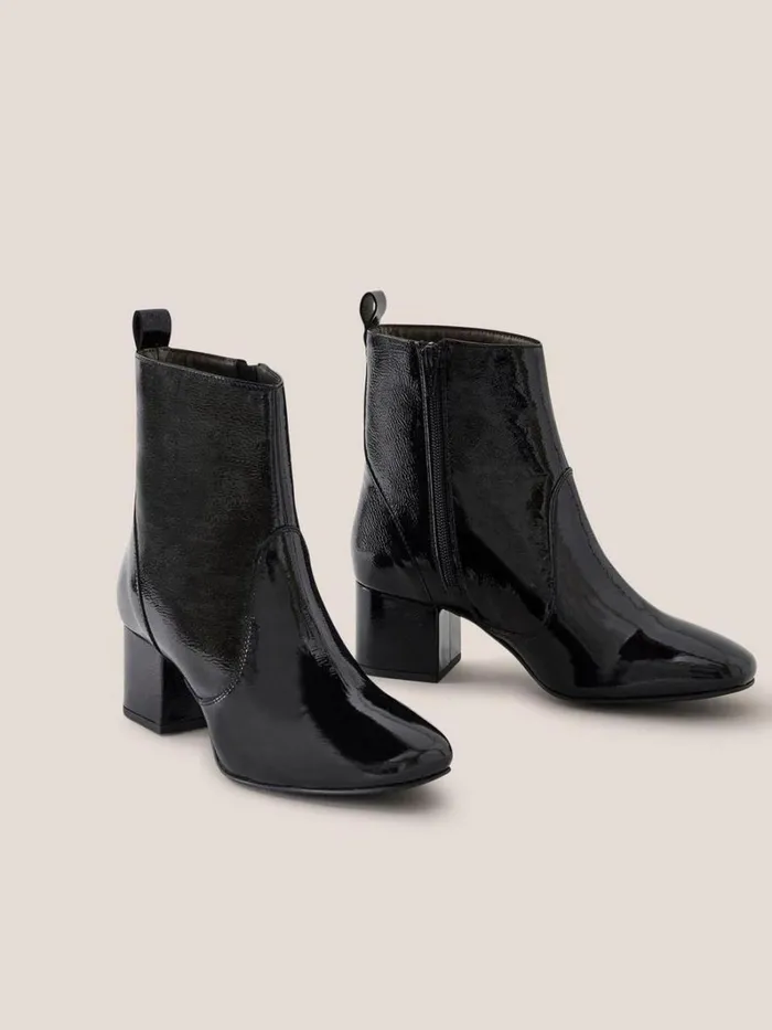 White Stuff BOOTS Cilla Patent Mid Heel Boot Pure Black 8211 Women