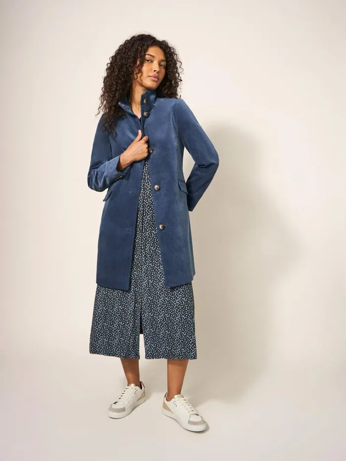 White Stuff COATS and JACKETS Karla Smart Velvet Coat Dusty Blue 8211 Women White Stuff COATS and JACKETS Karla Smart Velvet Coat Dusty Blue 8211 Women