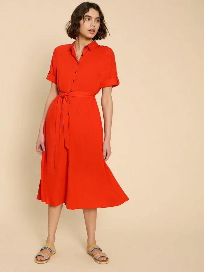 White Stuff DRESSES Beth Linen Blend Shirt Dress Bright Orange 8211 Women
