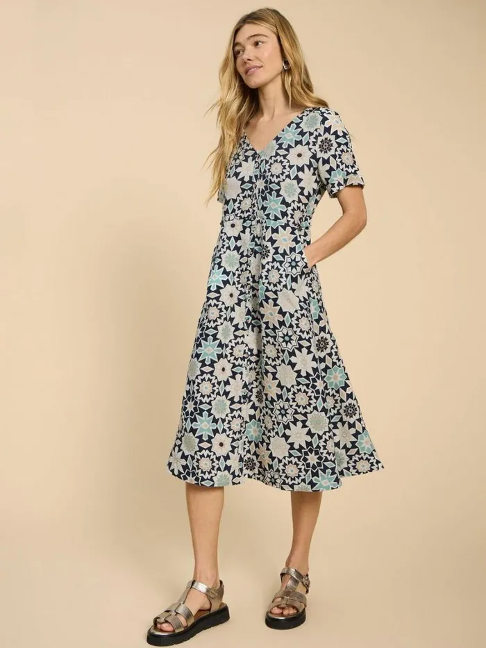 White Stuff DRESSES Ivy Linen V Neck Midi Dress Blue Print 8211 Women