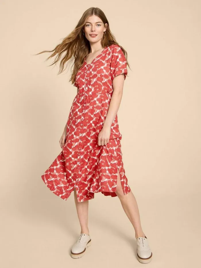 White Stuff DRESSES Ivy Linen V Neck Midi Dress Red Print 8211 Women