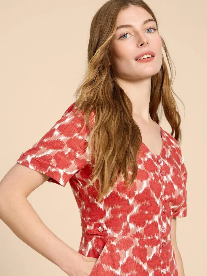 White Stuff DRESSES Ivy Linen V Neck Midi Dress Red Print 8211 Women