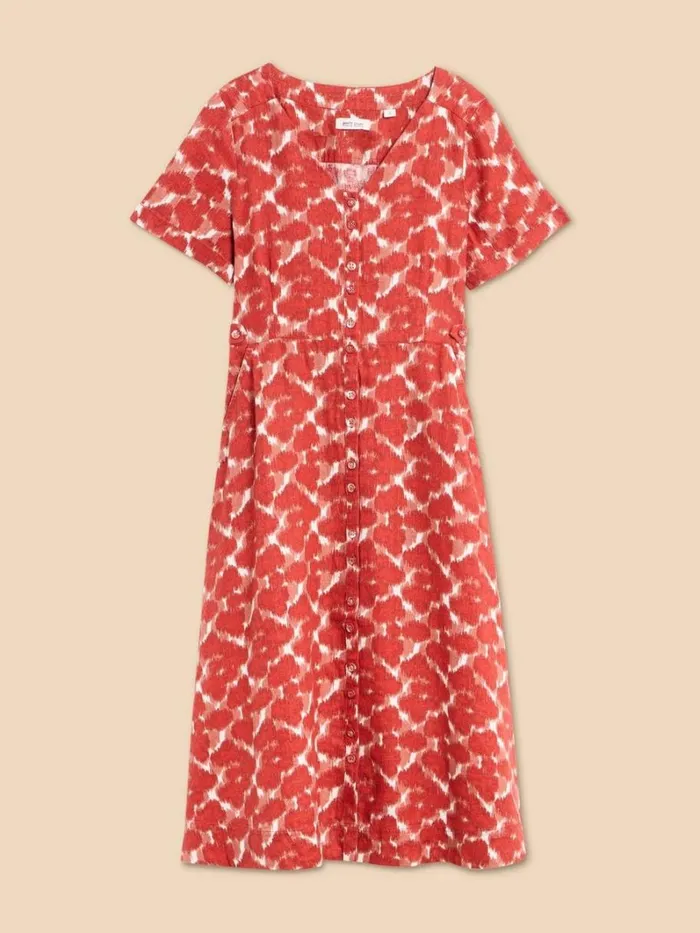 White Stuff DRESSES Ivy Linen V Neck Midi Dress Red Print 8211 Women