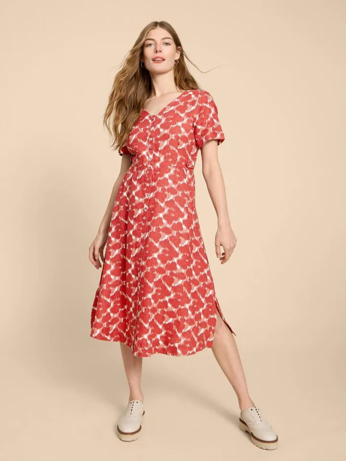White Stuff DRESSES Ivy Linen V Neck Midi Dress Red Print 8211 Women