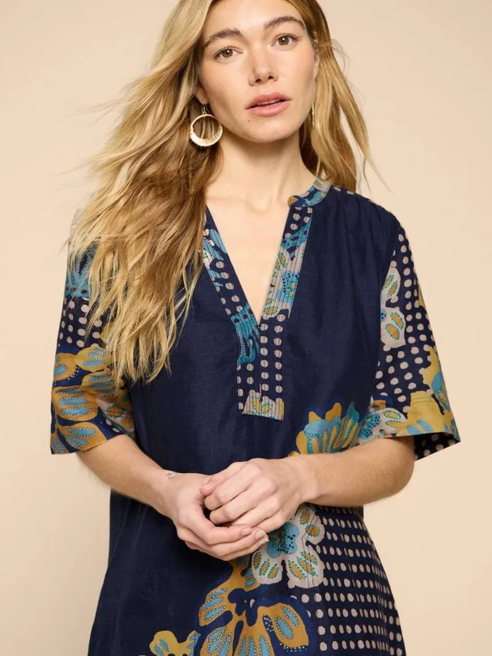 White Stuff DRESSES June Shift Linen Dress Navy Print 8211 Women