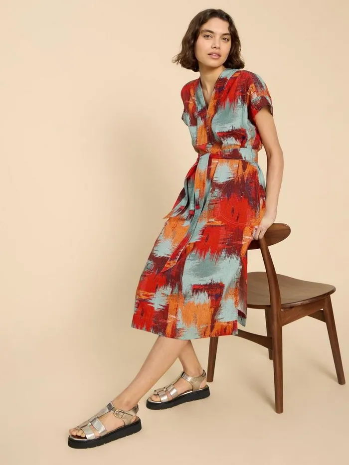 White Stuff DRESSES Marianne Linen Blend Dress Orange Print 8211 Women