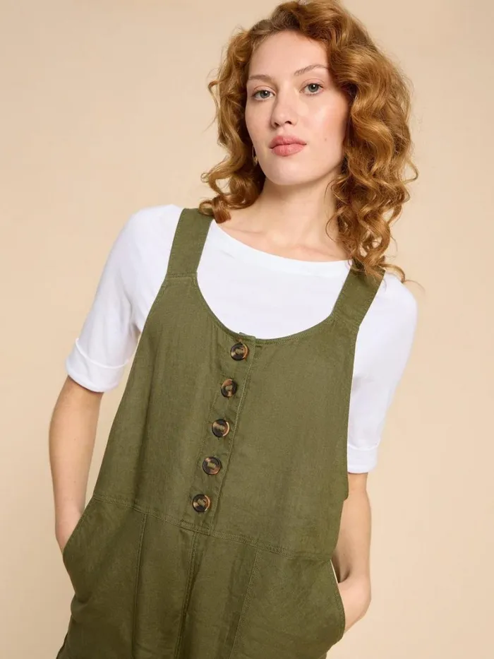White Stuff DRESSES Viola Crop Linen Dungaree Khaki Green 8211 Women