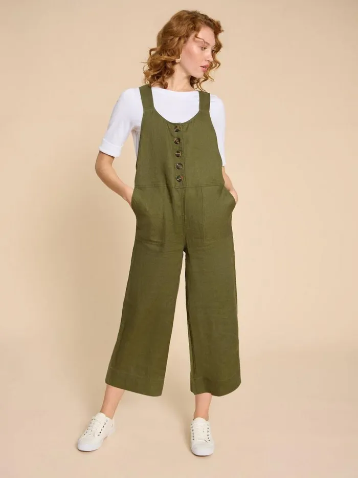 White Stuff DRESSES Viola Crop Linen Dungaree Khaki Green 8211 Women