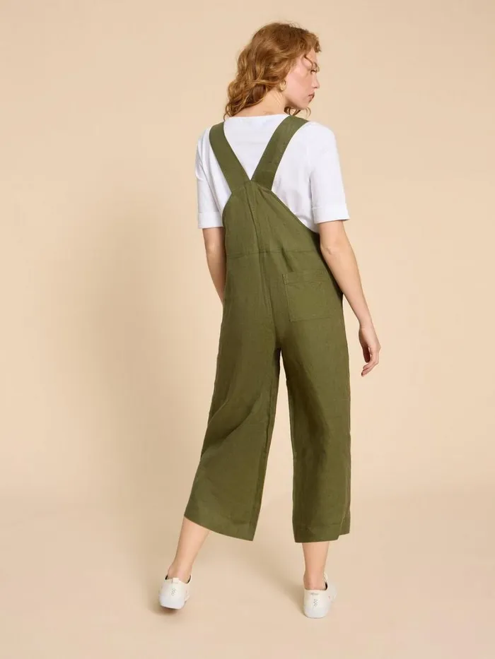 White Stuff DRESSES Viola Crop Linen Dungaree Khaki Green 8211 Women