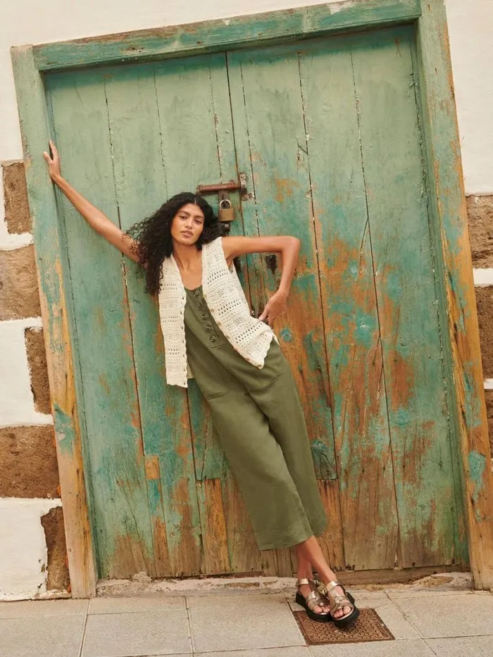 White Stuff DRESSES Viola Crop Linen Dungaree Khaki Green 8211 Women