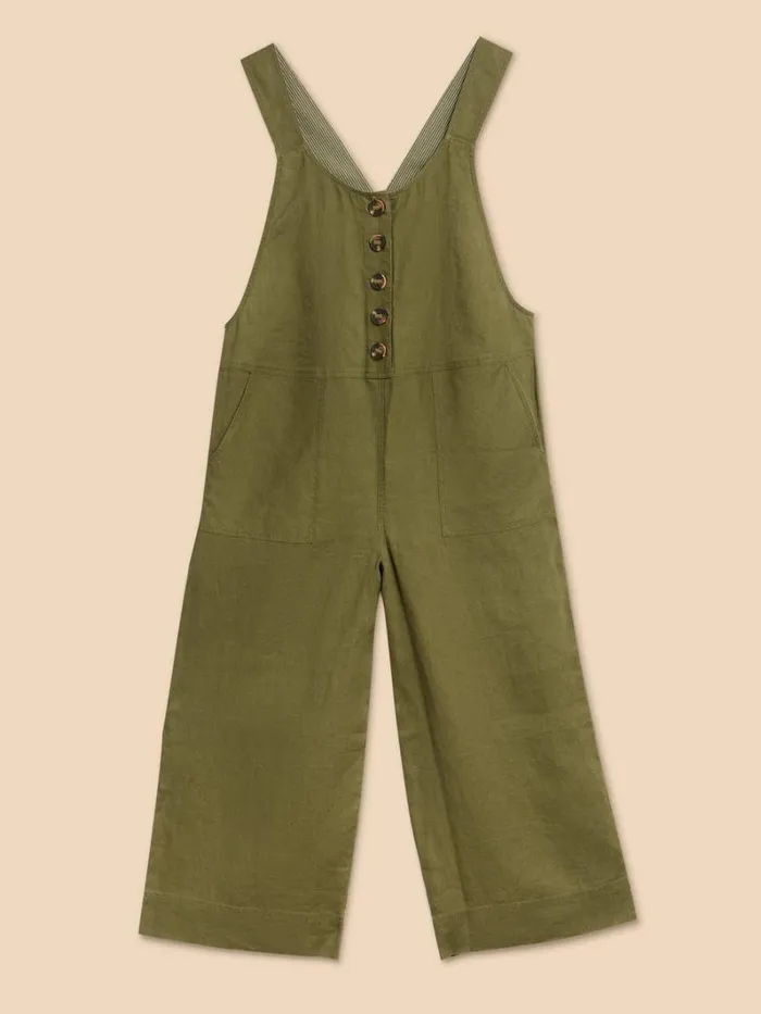 White Stuff DRESSES Viola Crop Linen Dungaree Khaki Green 8211 Women