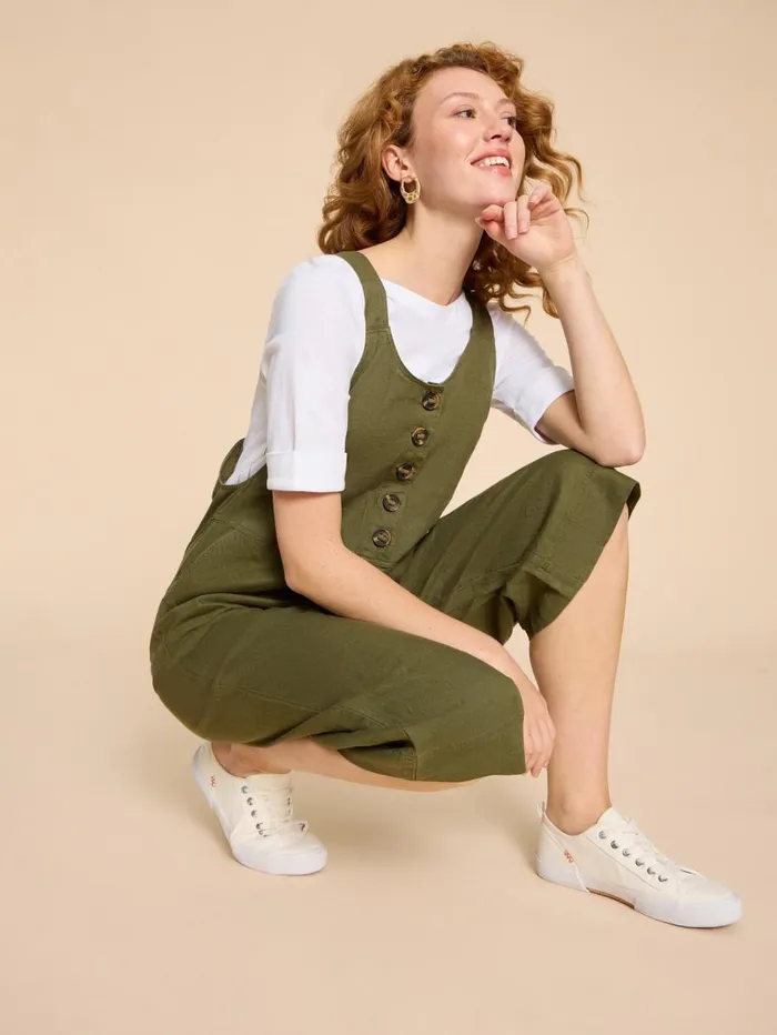 White Stuff DRESSES Viola Crop Linen Dungaree Khaki Green 8211 Women