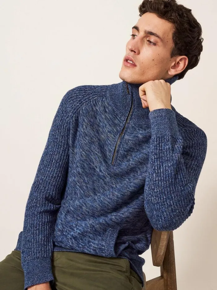 White Stuff KNITWEAR Lakewood Zip Neck Jumper Chambray Blue 8211 Men