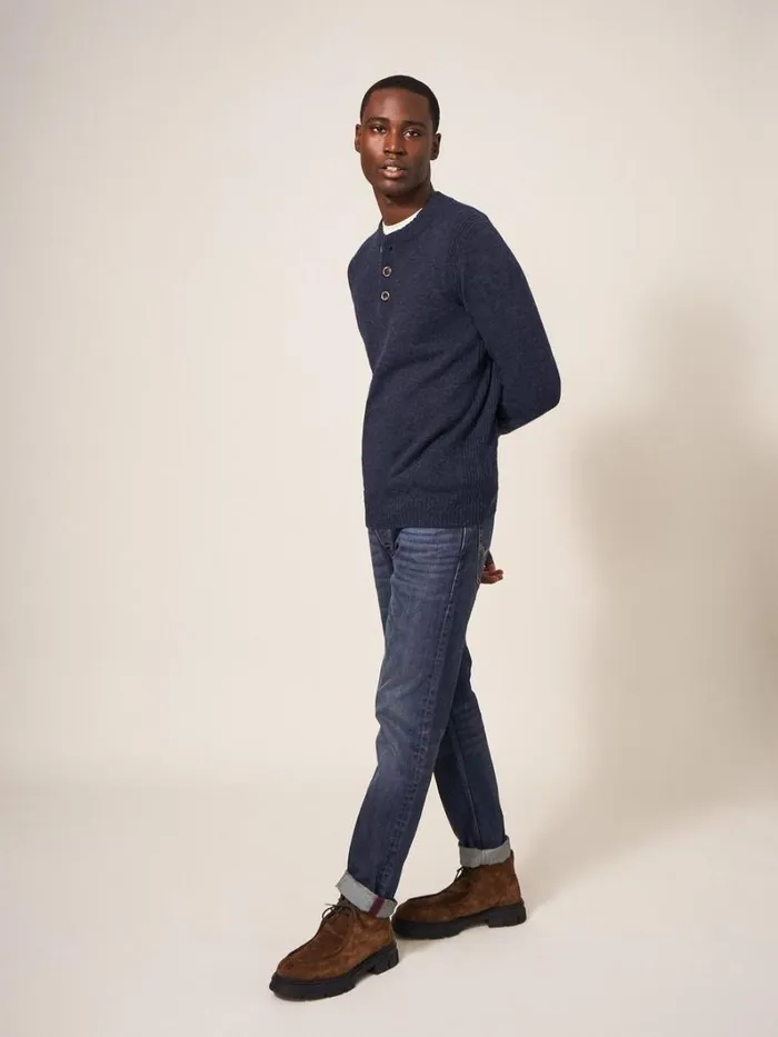 White Stuff KNITWEAR Lambswool Henley Dark Navy 8211 Men
