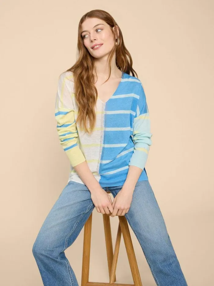 White Stuff KNITWEAR LINEN V NECK JUMPER Blue Multi 8211 Women White Stuff KNITWEAR LINEN V NECK JUMPER Blue Multi 8211 Women