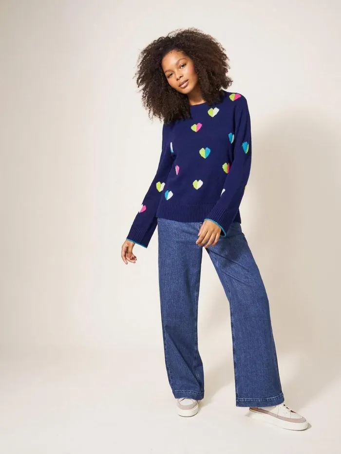 White Stuff KNITWEAR MULTI HEART WOOL JUMPER Navy Multi 8211 Women