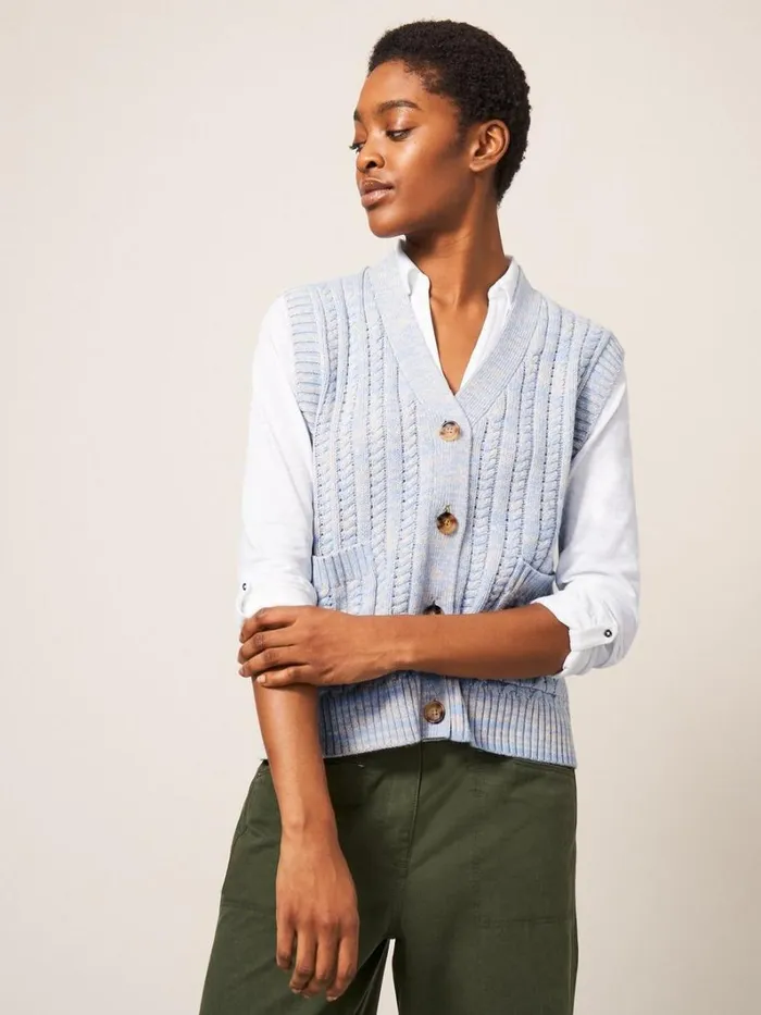 White Stuff KNITWEAR SLEEVELESS CABLE CARDI Blue Multi 8211 Women White Stuff KNITWEAR SLEEVELESS CABLE CARDI Blue Multi 8211 Women