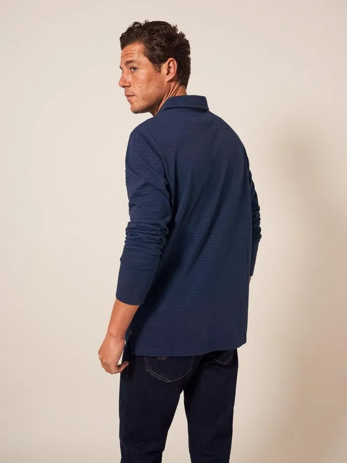 White Stuff POLO SHIRTS Pique Texture Stripe LS Polo Dark Navy 8211 Men