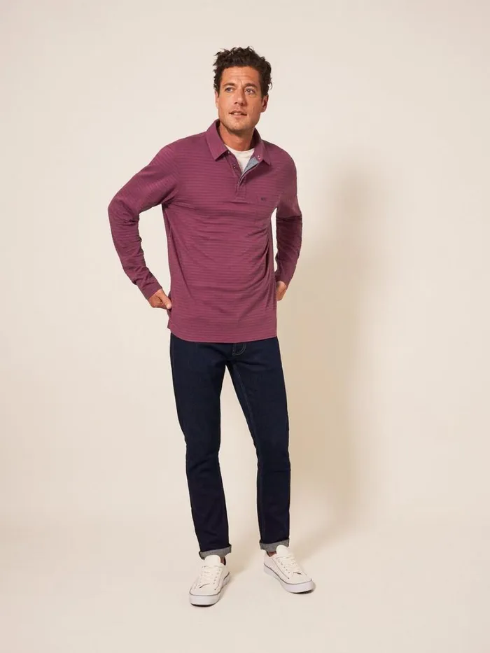 White Stuff POLO SHIRTS Pique Texture Stripe LS Polo Dk Red 8211 Men