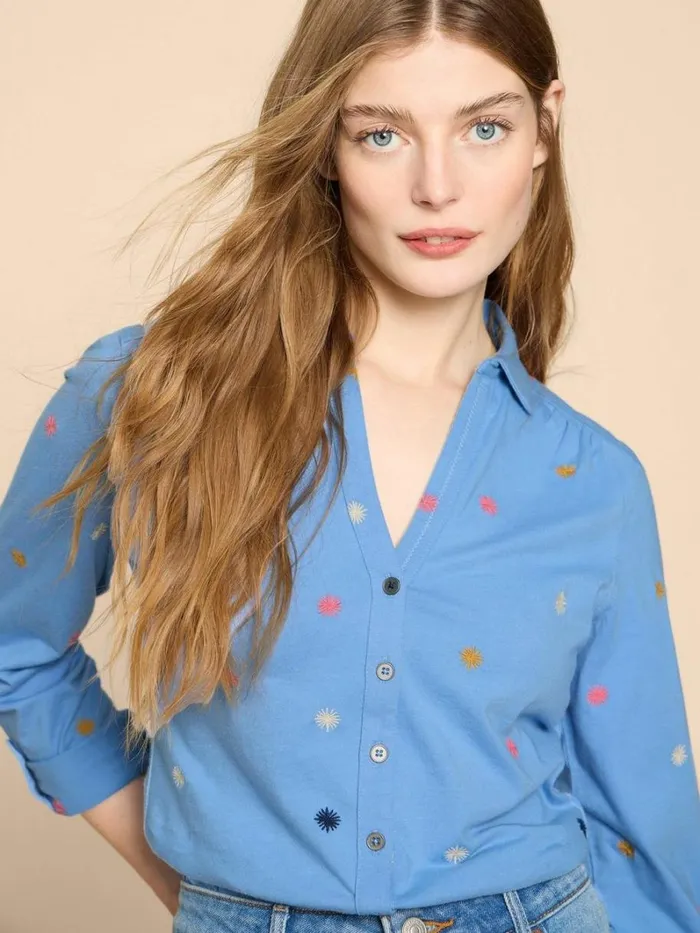 White Stuff SHIRTS and BLOUSES ANNIE JERSEY EMBROIDERED SHIRT Blue Multi 8211 Women