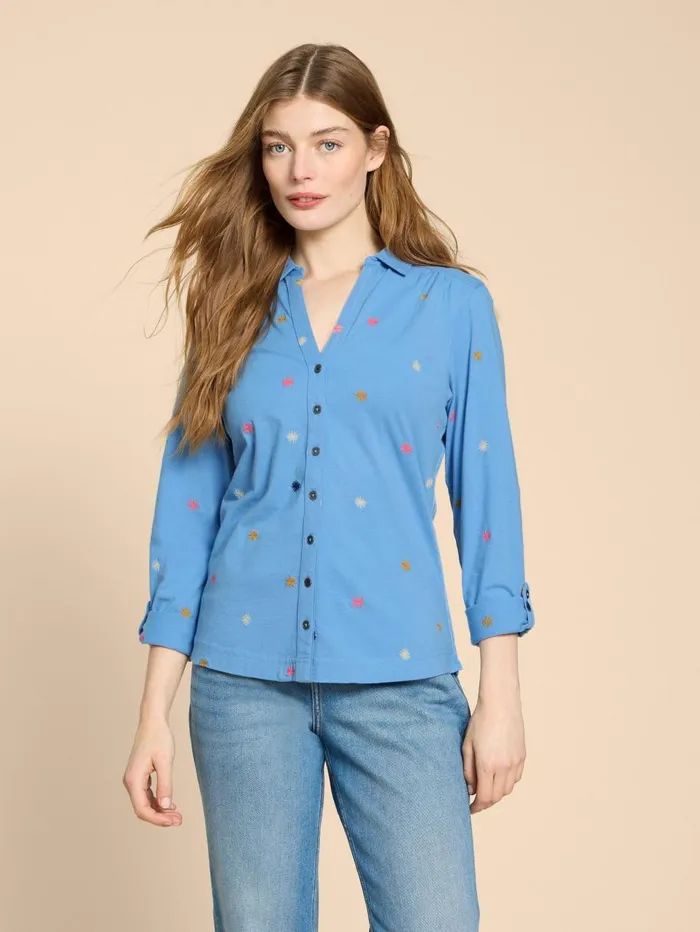 White Stuff SHIRTS and BLOUSES ANNIE JERSEY EMBROIDERED SHIRT Blue Multi 8211 Women