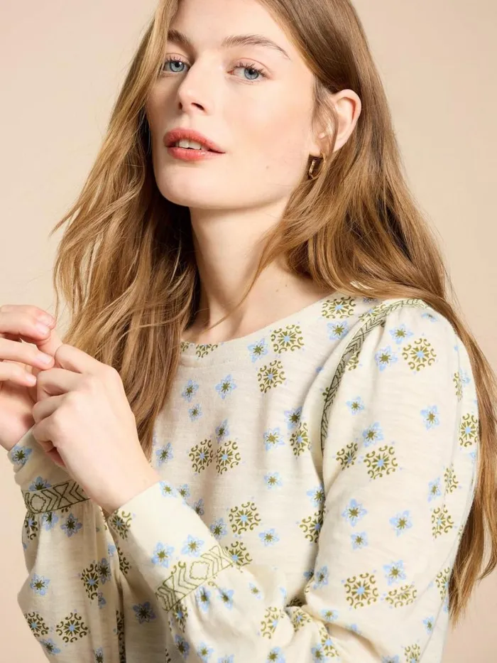 White Stuff SHIRTS and BLOUSES BLAKE PUFF SLEEVE TOP Ivory Multi 8211 Women