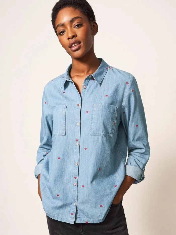 White Stuff SHIRTS and BLOUSES Emilia Heart Emb Shirt Denim Multi 8211 Women
