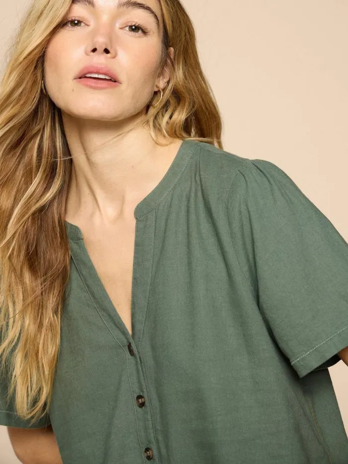 White Stuff SHIRTS and BLOUSES Ferne Linen Blend Shirt Khaki Green 8211 Women