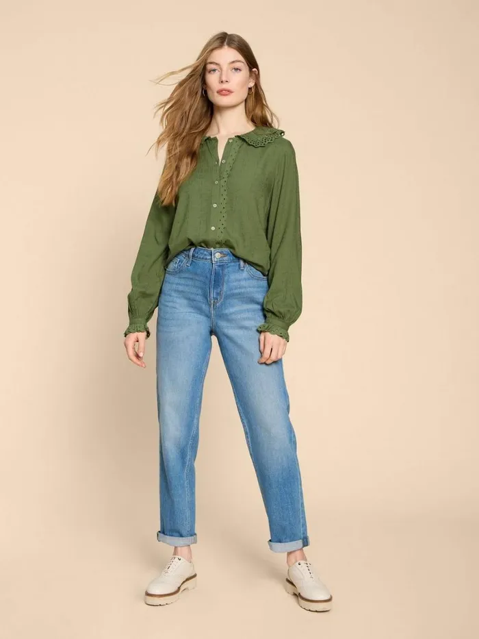 White Stuff SHIRTS and BLOUSES Lara Broderie Shirt Mid Green 8211 Women