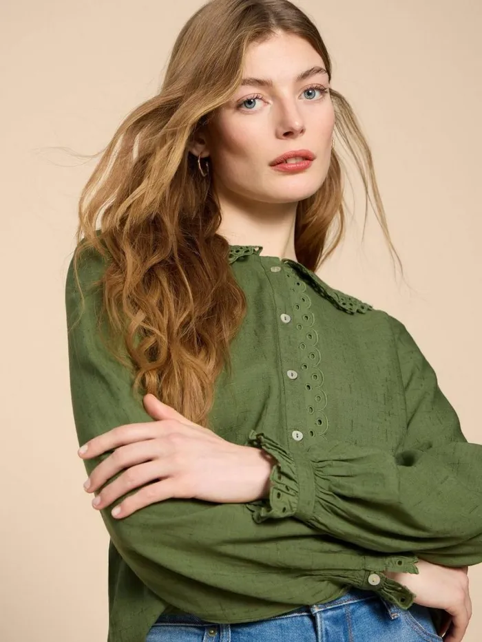 White Stuff SHIRTS and BLOUSES Lara Broderie Shirt Mid Green 8211 Women