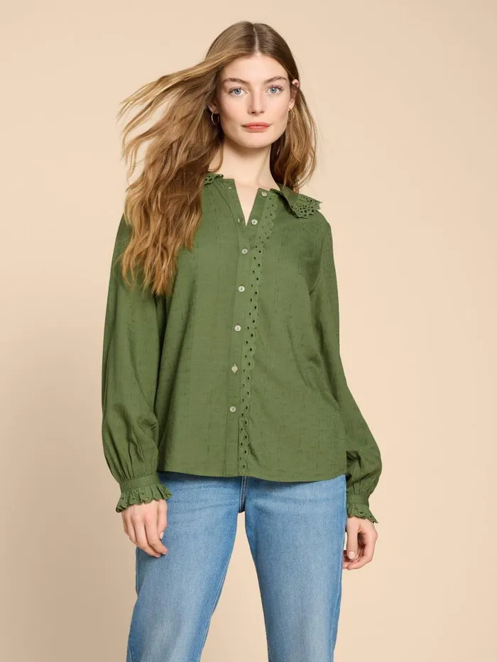 White Stuff SHIRTS and BLOUSES Lara Broderie Shirt Mid Green 8211 Women