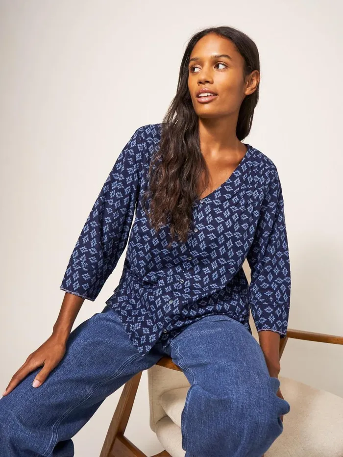 White Stuff SHIRTS and BLOUSES Rae Cotton Top Navy Multi 8211 Women