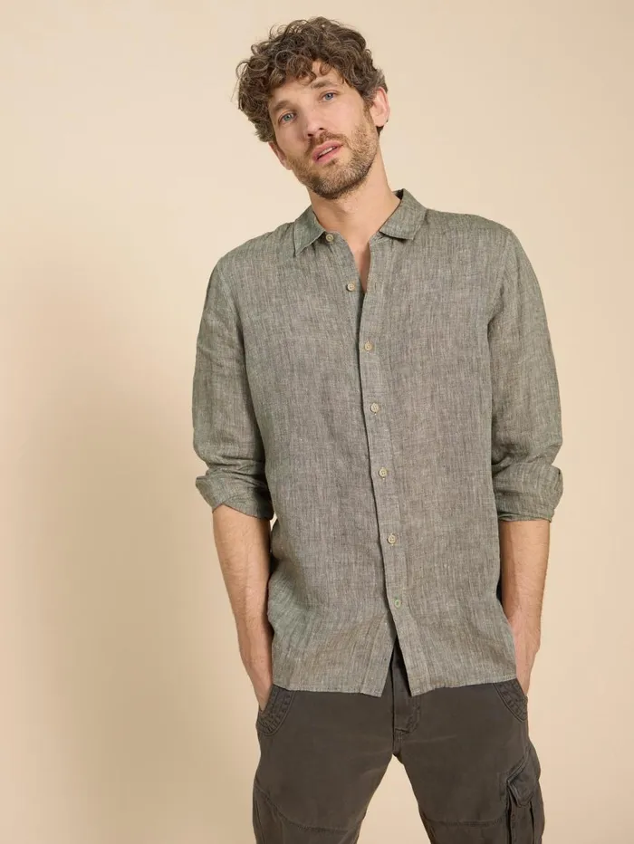 White Stuff SHIRTS Pembroke LS Linen Shirt Khaki Green 8211 Men