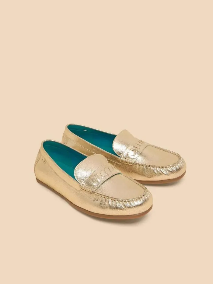 White Stuff SHOES Mayflower Suede Moccasin Gold Tone Metallic 8211 Women