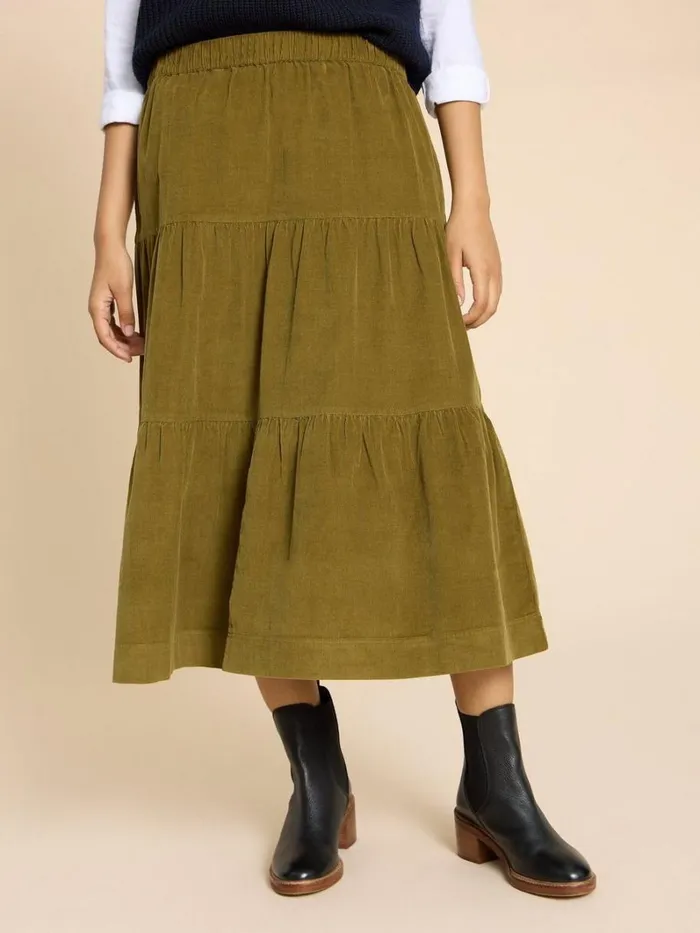 White Stuff SKIRTS Jade Tiered Cord Skirt Mid Chartreuse 8211 Women