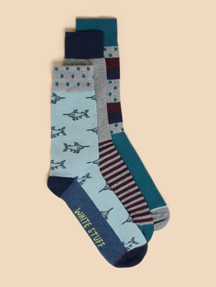 White Stuff SOCKS 3 Pack Fish Ankle Sock Blue Multi 8211 Men White Stuff SOCKS 3 Pack Fish Ankle Sock Blue Multi 8211 Men